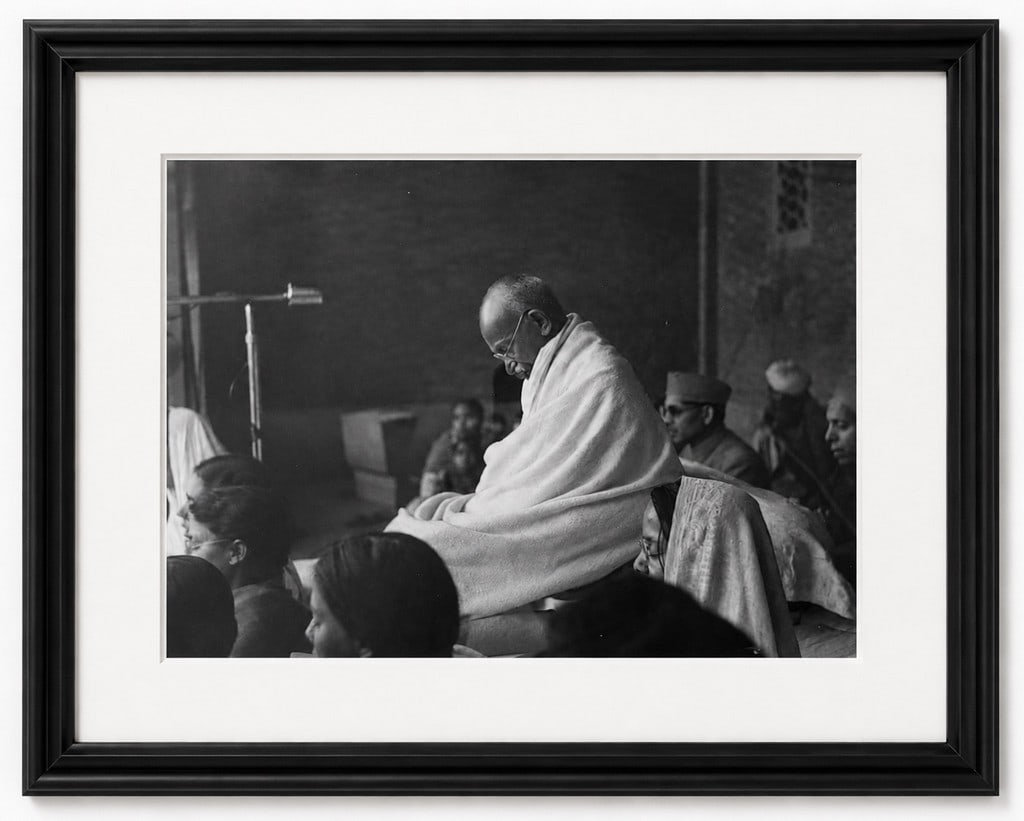 Mahatma Gandhi at a Prayer Meeting â€“ Photographic Print, 22 Ã— 16 in.: A later photographic print of the iconic image depicting Mahatma Gandhi at a prayer meeting, presented in a contemporary frame. Mahatma Gandhi, wrapped in a shawl and seated with his head bowed among