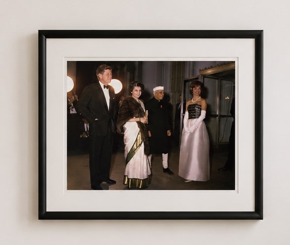 John F. Kennedy, Jacqueline Kennedy, Jawaharlal Nehru and Indira Gandhi, Framed Photographic Prin...: A framed photographic print capturing an iconic moment in U.S. - India relations, depicting President John F. Kennedy and First Lady Jacqueline Kennedy with Indian Prime Minister Jawaharlal Nehru and 