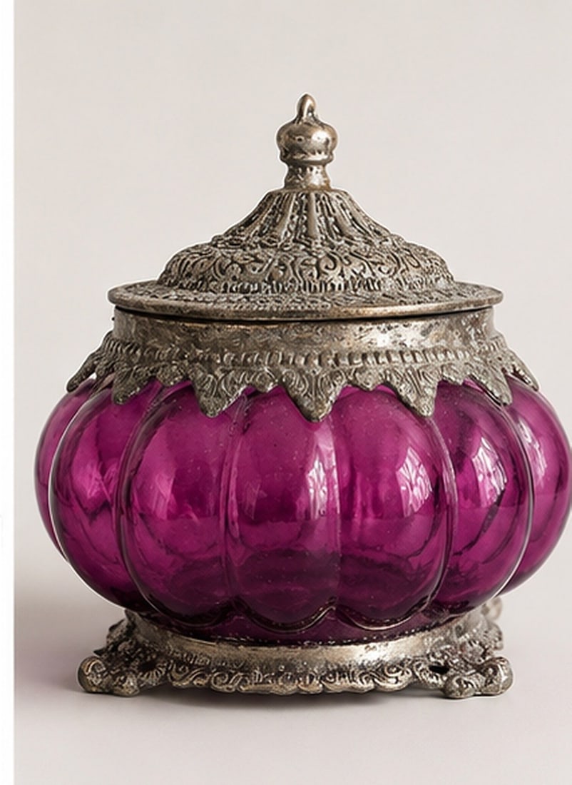 Pair of Decorative Purple Glass and Metal Containers - 2