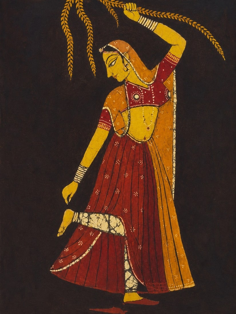 Vintage Indian Folk Painting of a Dancing Nayika Rajasthan, 20th Century. Batik With Natural Pigm... - 2