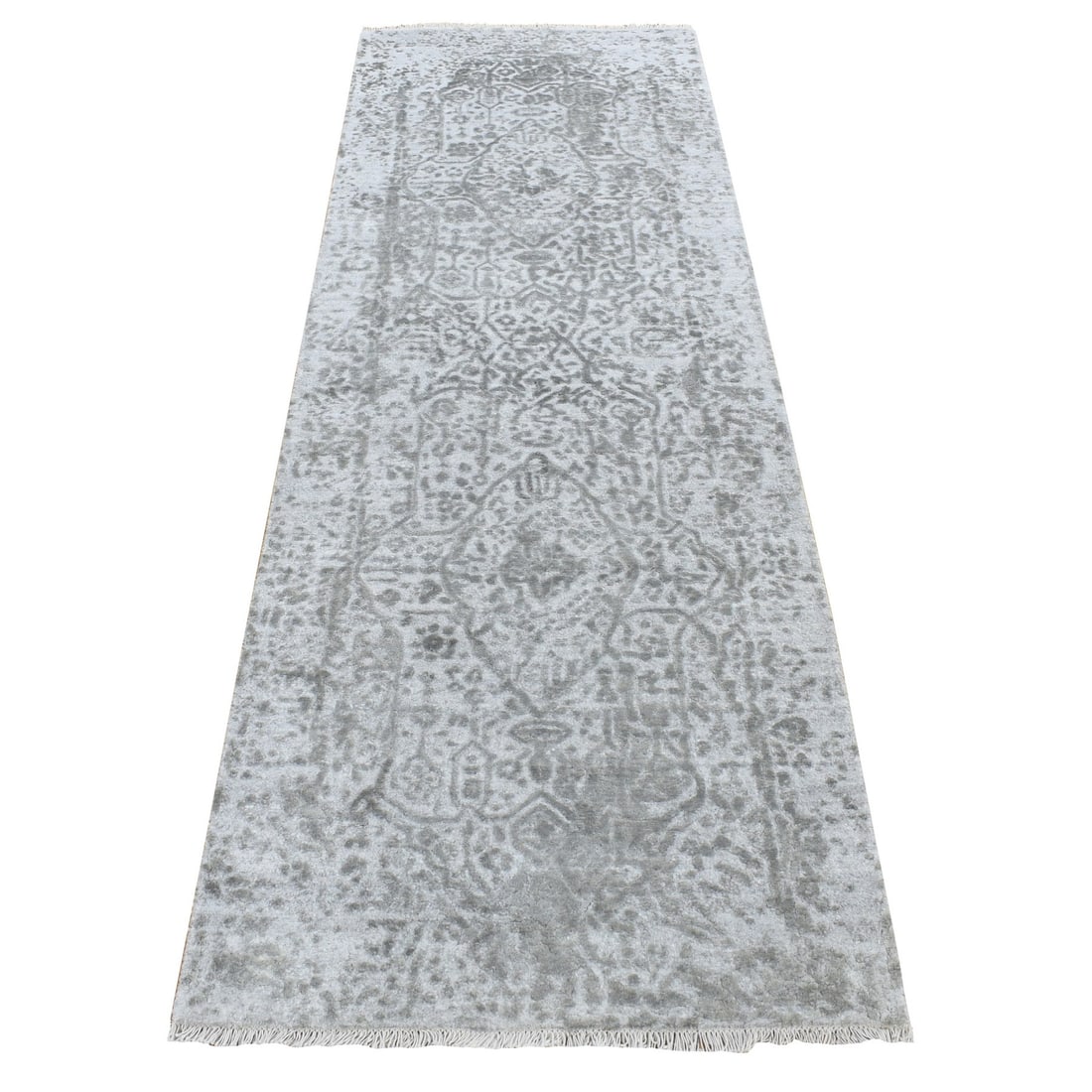Gray, Abstract Design Wool and Pure Silk Hand Knotted Runner Rug: Title: Gray, Abstract Design Wool and Pure Silk Hand Knotted Runner Rug Description:This is a truly genuine one-of-a-kind. It has been Knotted for months and months in the centuries-old weaving crafts