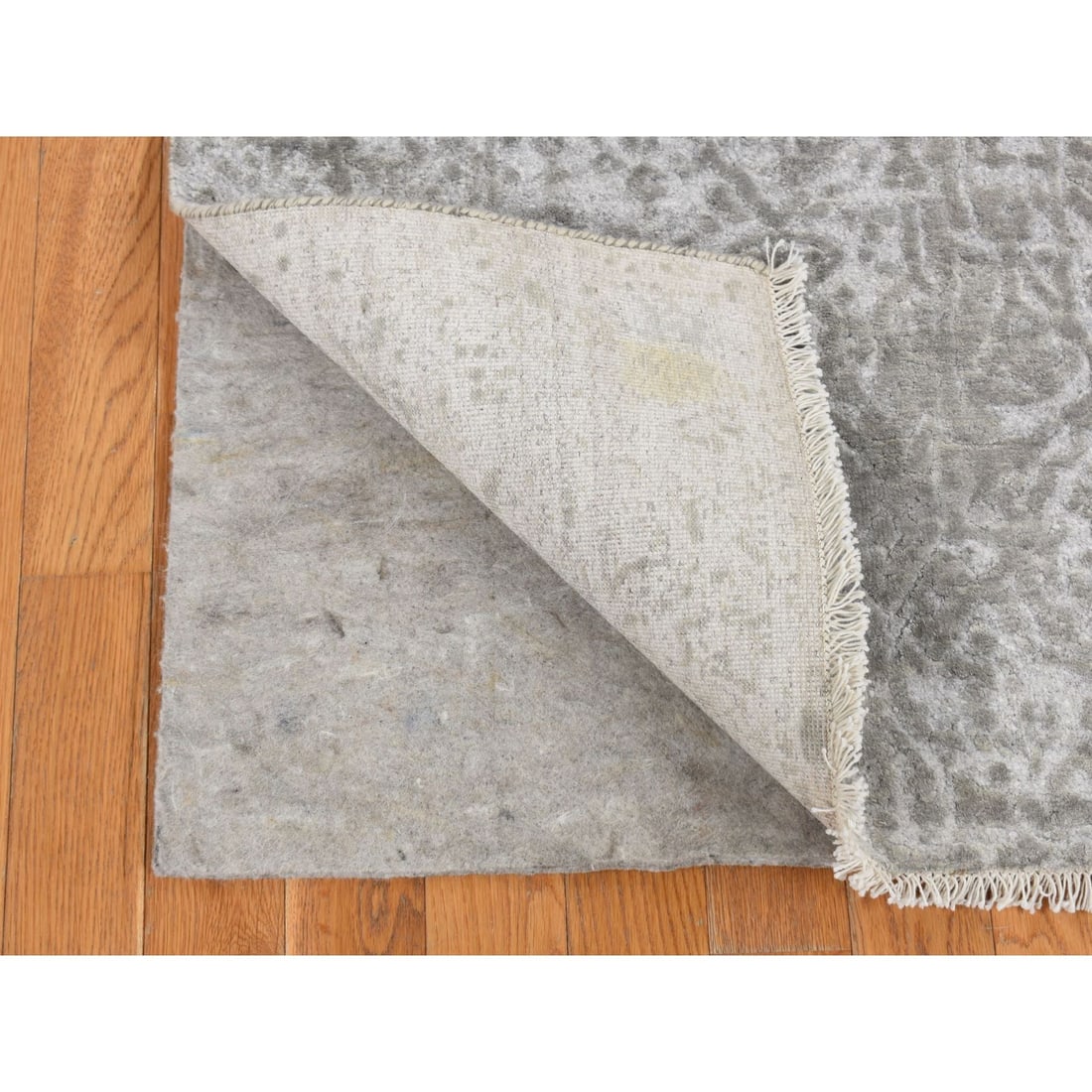 Gray, Abstract Design Wool and Pure Silk Hand Knotted Runner Rug - 2