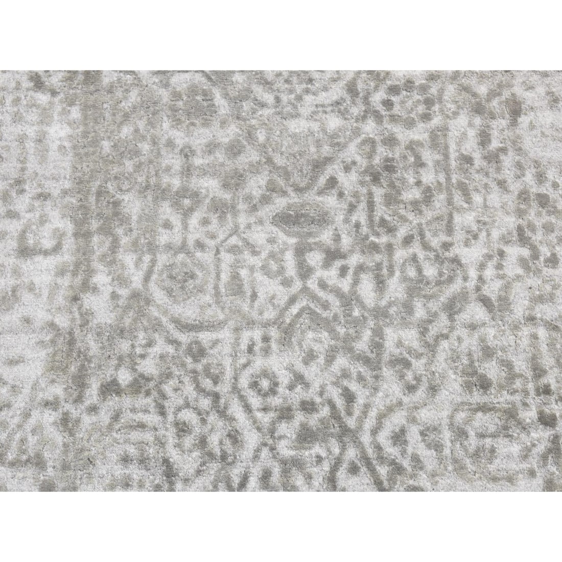 Gray, Abstract Design Wool and Pure Silk Hand Knotted Runner Rug - 3