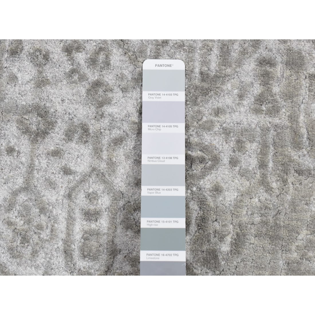 Gray, Abstract Design Wool and Pure Silk Hand Knotted Runner Rug - 4