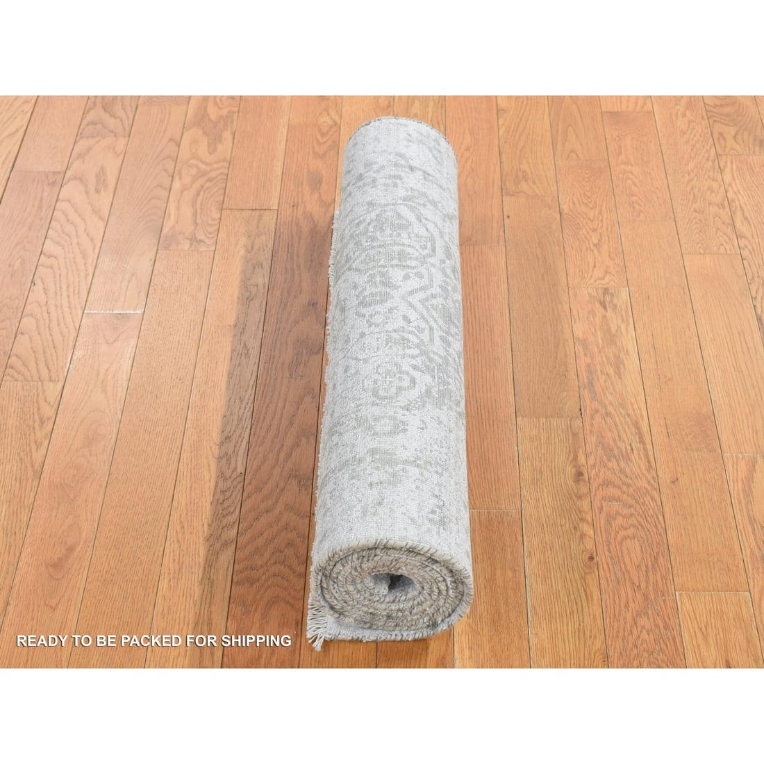 Gray, Abstract Design Wool and Pure Silk Hand Knotted Runner Rug - 5