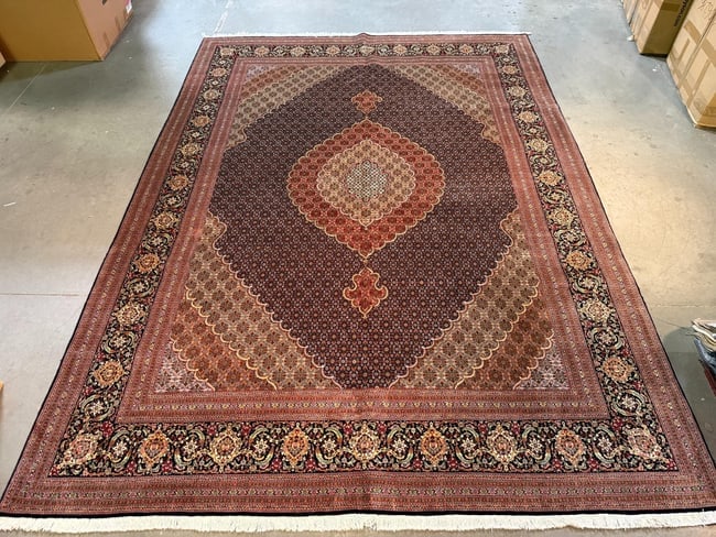 Authentic Fine Persian Tabriz 8.4x11.5: Title:Authentic Fine Persian Tabriz 8.4x11.5 Description:Exquisite and authentic , Hand Knotted Persian Tabriz silk and wool pile Mahi Design Masterpiece quality rug Black, Brown sage and multi