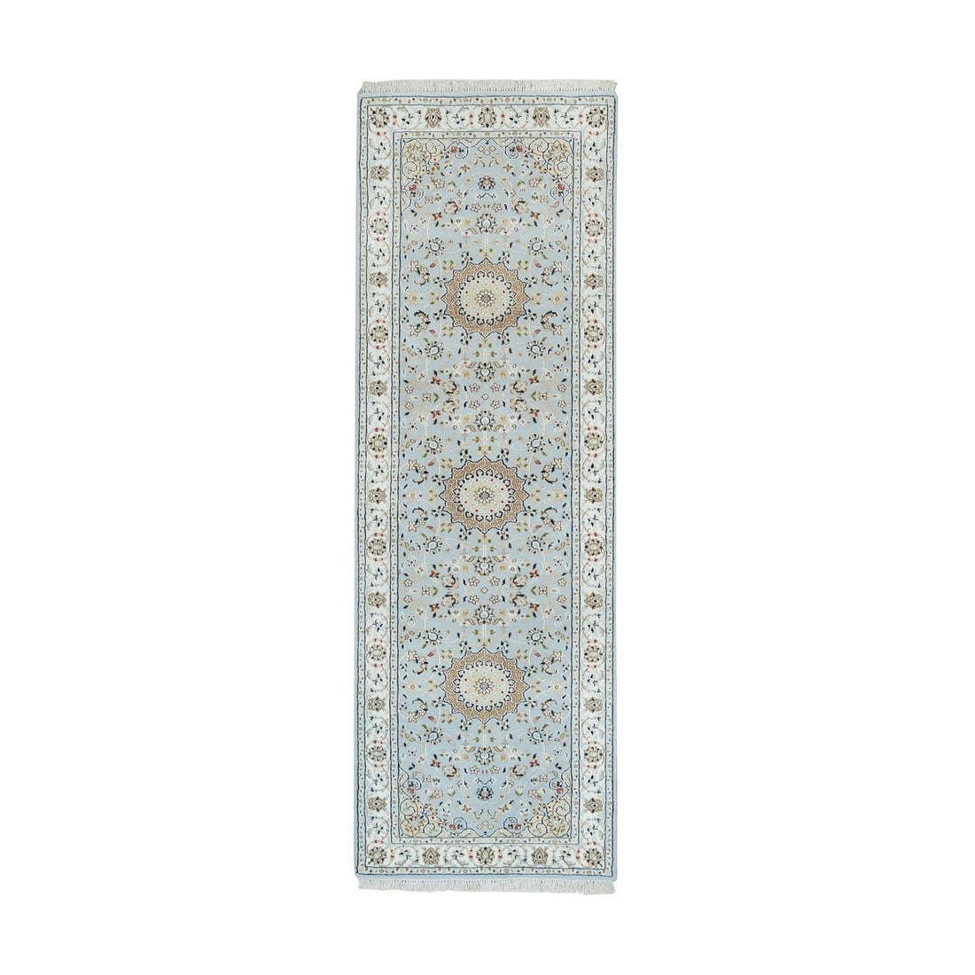 Blue, 250 KPSI, Extra Soft Wool, Hand Knotted, Nain Design Runner Rug: Title: Blue, 250 KPSI, Extra Soft Wool, Hand Knotted, Nain Design Runner Rug Description:This is a truly genuine one-of-a-kind. It has been Knotted for months and months in the centuries-old weaving