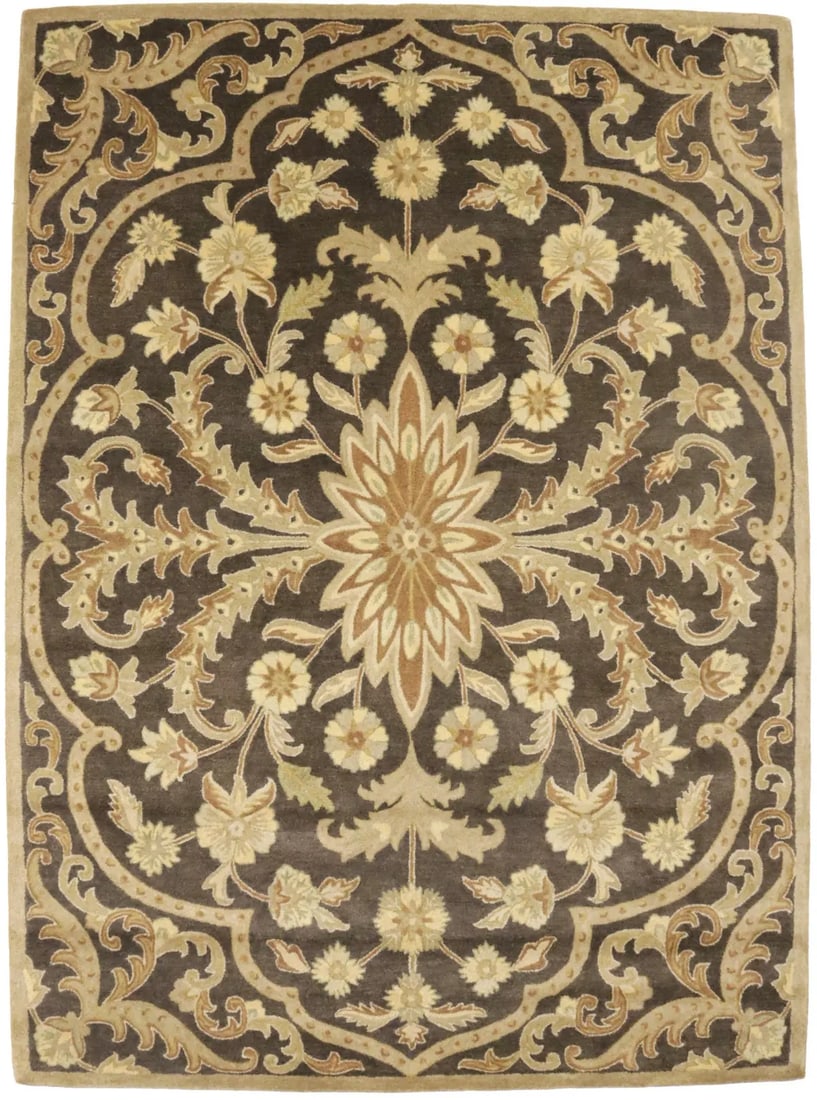 Brown Floral Modern 8X11 Oriental Hand-Tufted Rug: Title: Brown Floral Modern 8X11 Oriental Hand-Tufted Rug Description:Hand-Tufted 8X11 brown Oriental rug made with natural dyes (fine wool pile and cotton foundation), superior knot count, and appeali