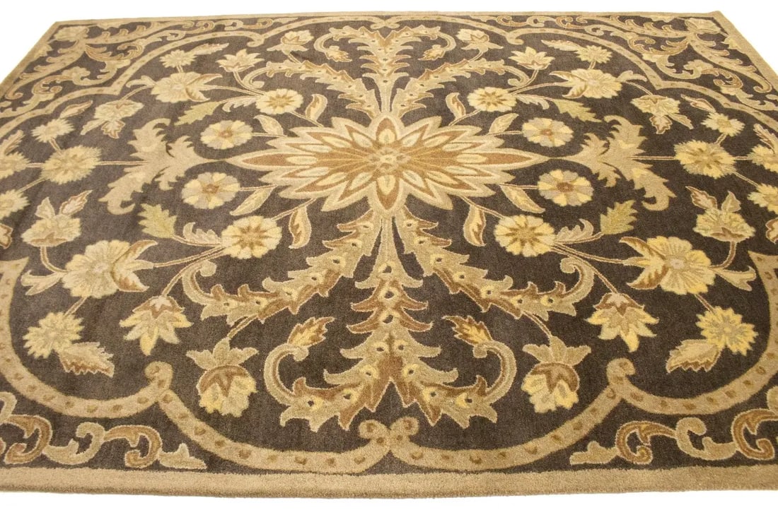 Brown Floral Modern 8X11 Oriental Hand-Tufted Rug - 7