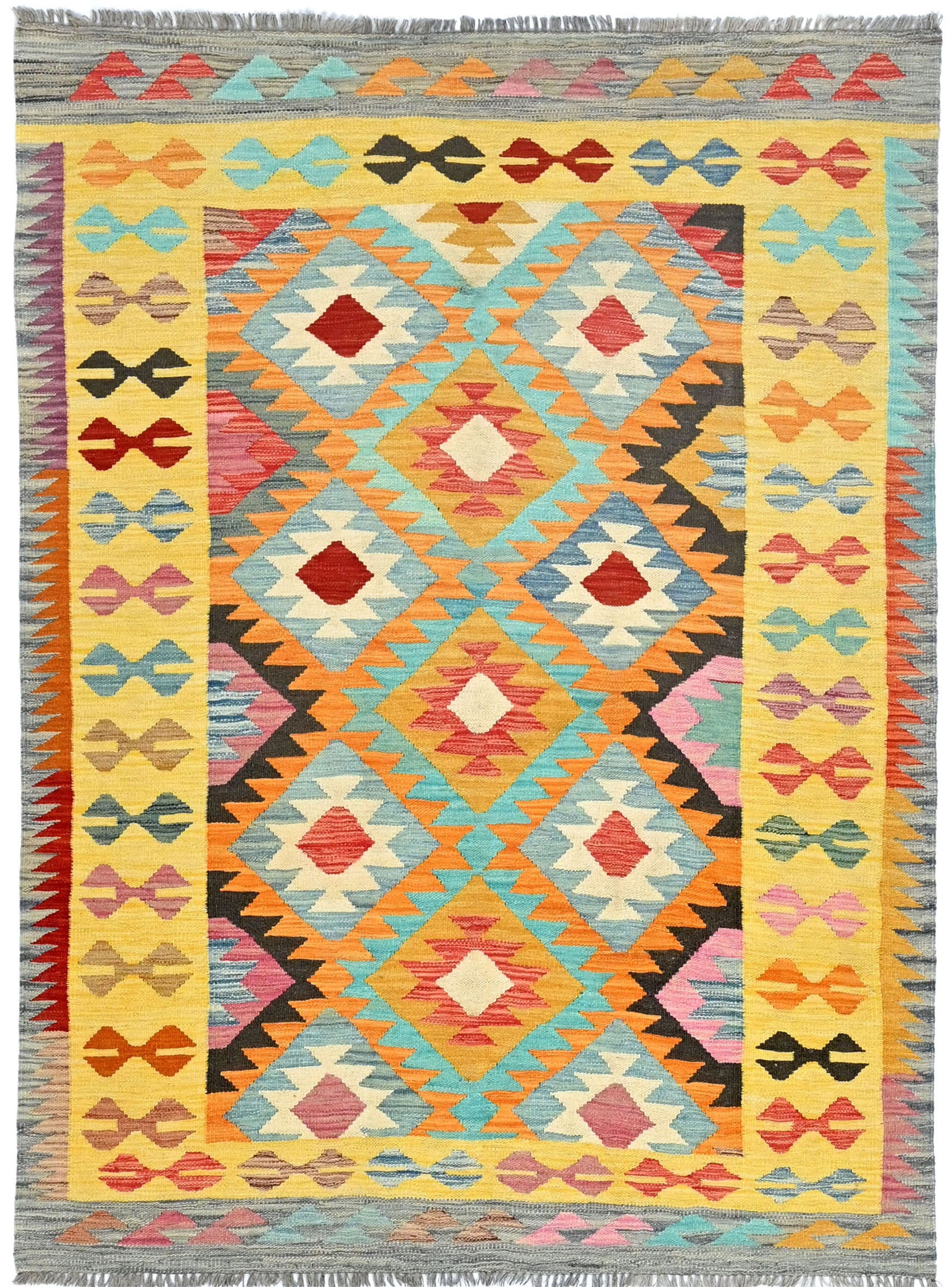 Multicolored Geometric Reversible 5X7 Kilim Oriental Rug: Title: Multicolored Geometric Reversible 5X7 Kilim Oriental Rug Description:Handmade 5X7 multicolor Oriental rug made with vegetable dyes (fine wool pile and cotton foundation), superior knot count,
