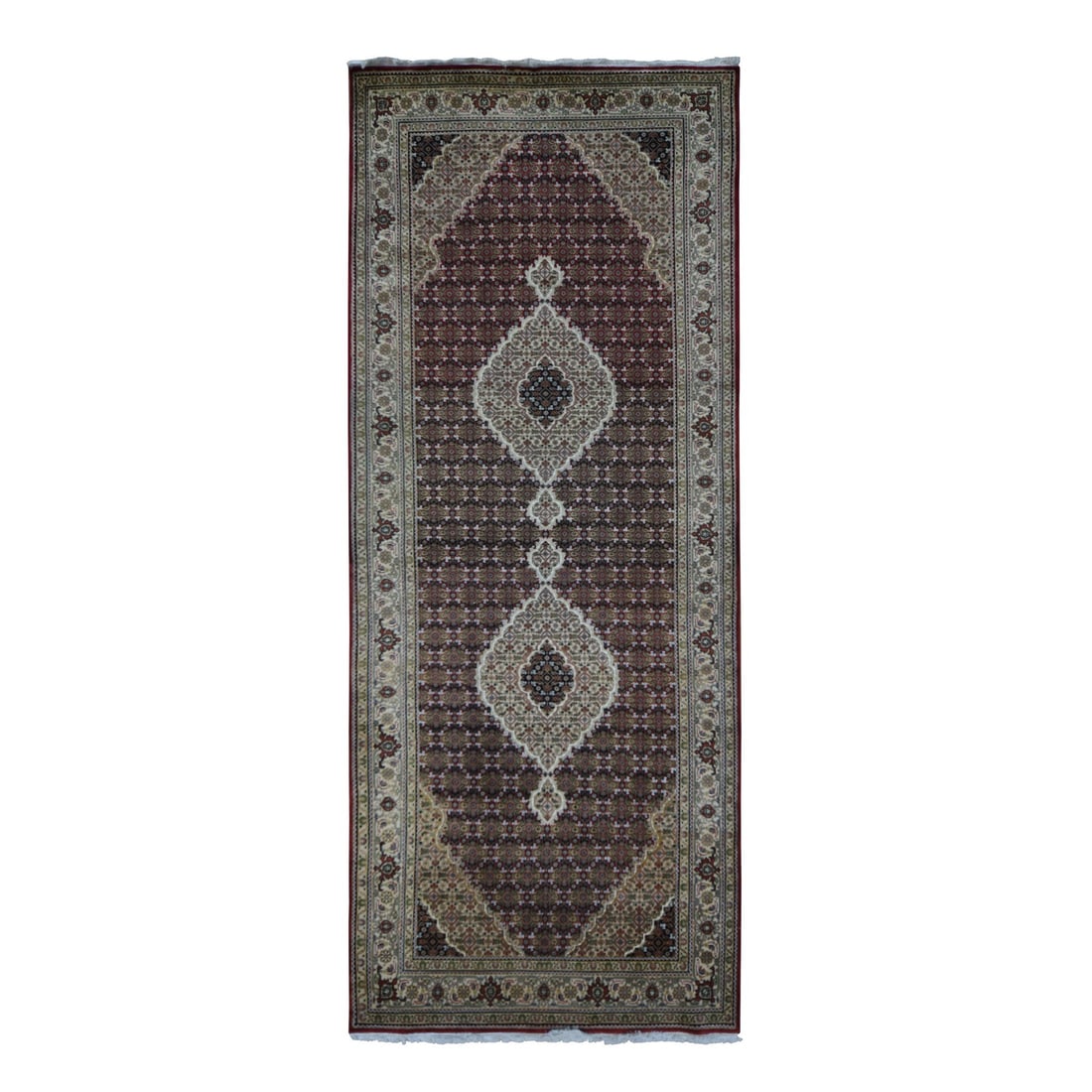 Red, Tabriz Mahi, Pure Wool, Hand Knotted Gallery Size Runner Rug: Title: Red, Tabriz Mahi, Pure Wool, Hand Knotted Gallery Size Runner Rug Description:This is a truly genuine one-of-a-kind. It has been Knotted for months and months in the centuries-old weaving