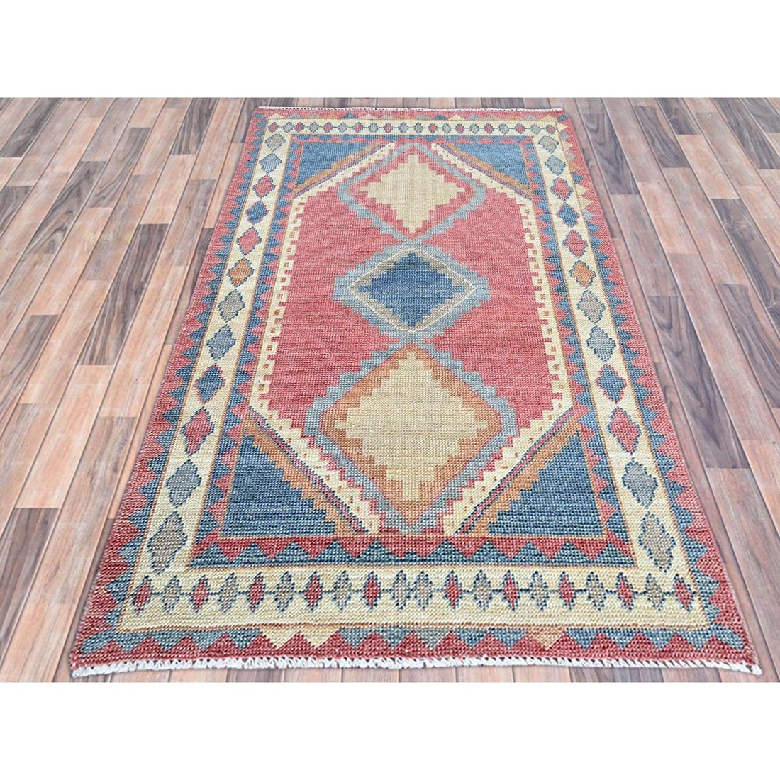 Rouge Pink Anatolian Geometric Village Design Hand Knotted Wool Rug - 2