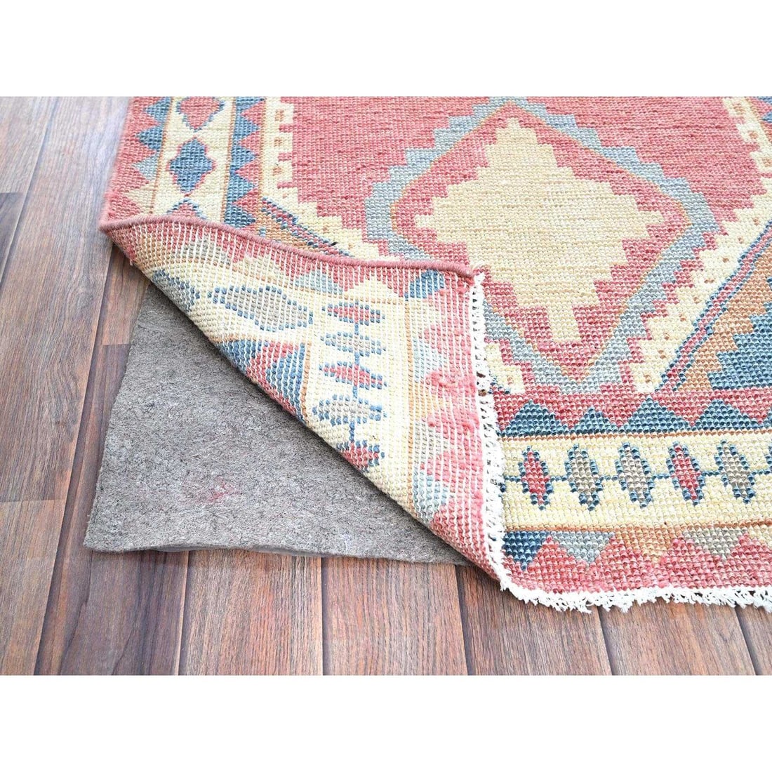 Rouge Pink Anatolian Geometric Village Design Hand Knotted Wool Rug - 3