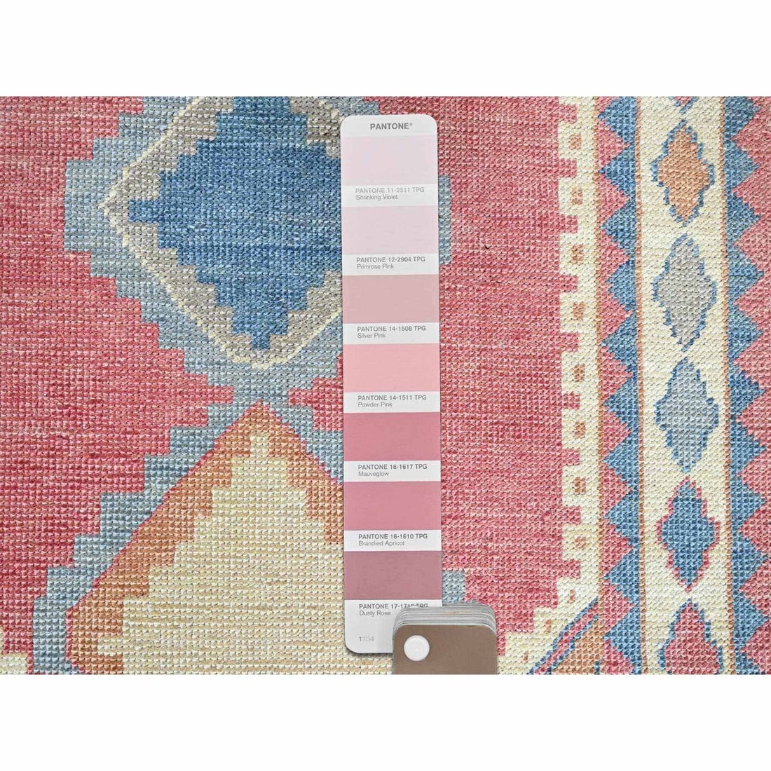 Rouge Pink Anatolian Geometric Village Design Hand Knotted Wool Rug - 4