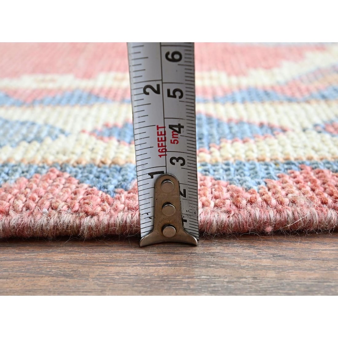 Rouge Pink Anatolian Geometric Village Design Hand Knotted Wool Rug - 6