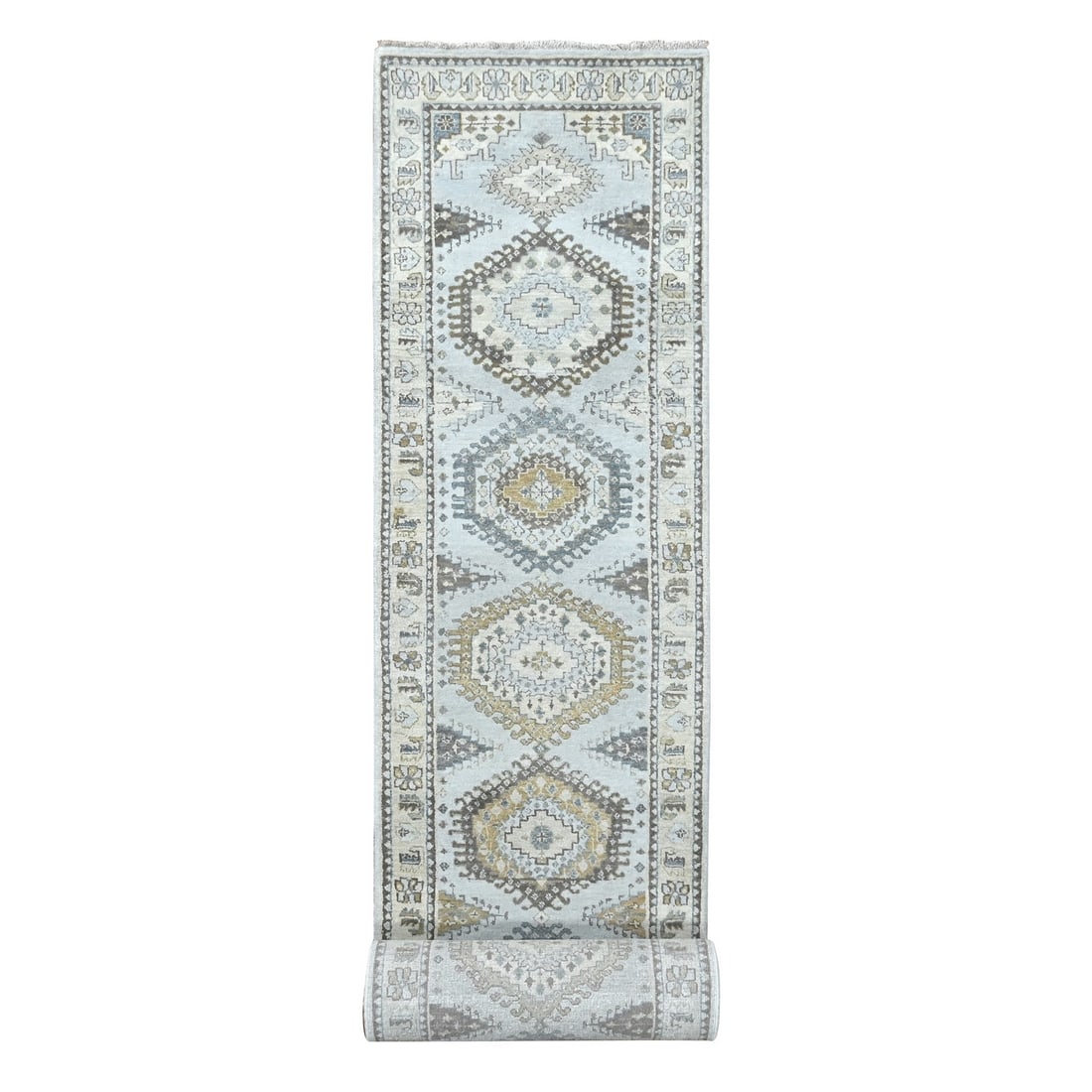 White Gray, Wool, Hand Knotted, Persian Village Inspired XL Runner Rug: Title: White Gray, Wool, Hand Knotted, Persian Village Inspired XL Runner Rug Description:This is a truly genuine one-of-a-kind. It has been Knotted for months and months in the centuries-old weaving