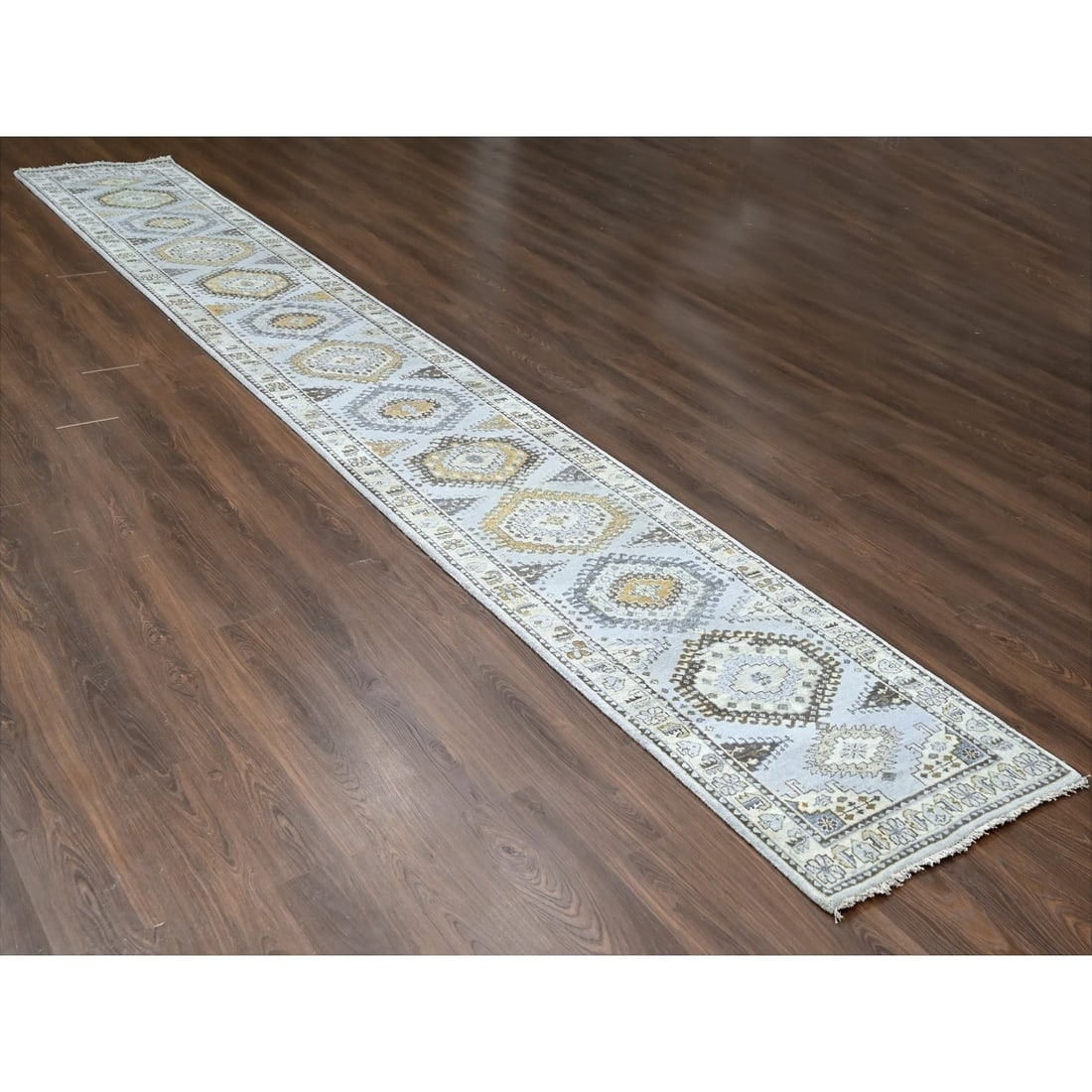 White Gray, Wool, Hand Knotted, Persian Village Inspired XL Runner Rug - 2