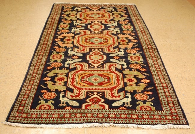 CAUCASIAN RUG 4'8" x 9'3": Title: CAUCASIAN RUG 4'8" x 9'3" Description:OLD,ANTIQUE HIGHLY DETAILED CAUCASIAN LANKORAN KAZAK DESIGN WITH ANIMALS,BIRDS SUBJECTS FINE CAUCASIAN RUGwith an exact size of 4' 8" x 9' 3" .Wonderful