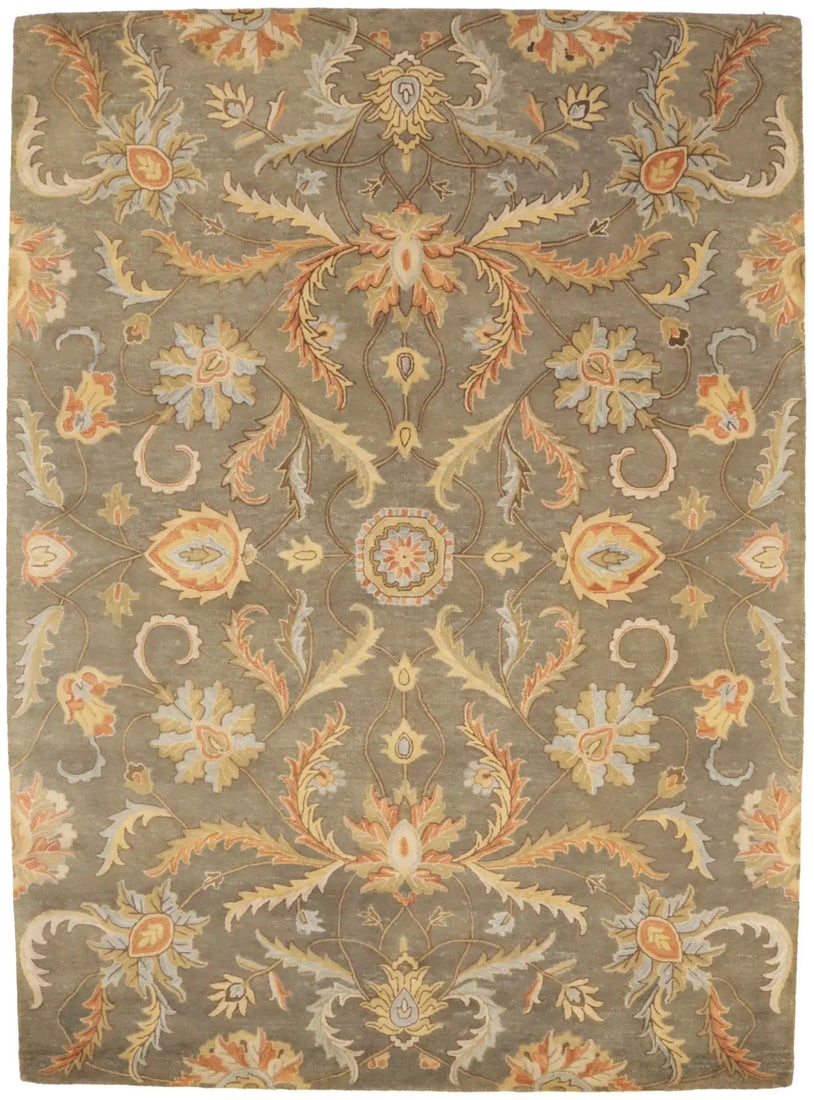 Tan Floral Modern 8X11 Oriental Hand-Tufted Rug: Title: Tan Floral Modern 8X11 Oriental Hand-Tufted Rug Description:Hand-Tufted 8X11 tan Oriental rug made with vegetable dyes (fine wool pile and cotton foundation), superior knot count, and alluring