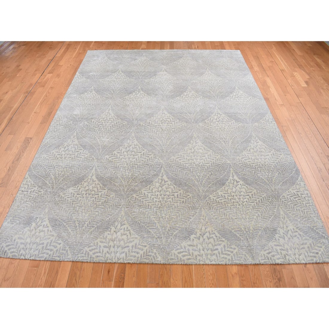 Silver Gray, Gold Leaf Design, Pure Silk, Hand Knotted, Rug - 2
