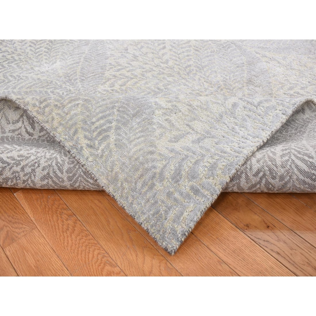 Silver Gray, Gold Leaf Design, Pure Silk, Hand Knotted, Rug - 5