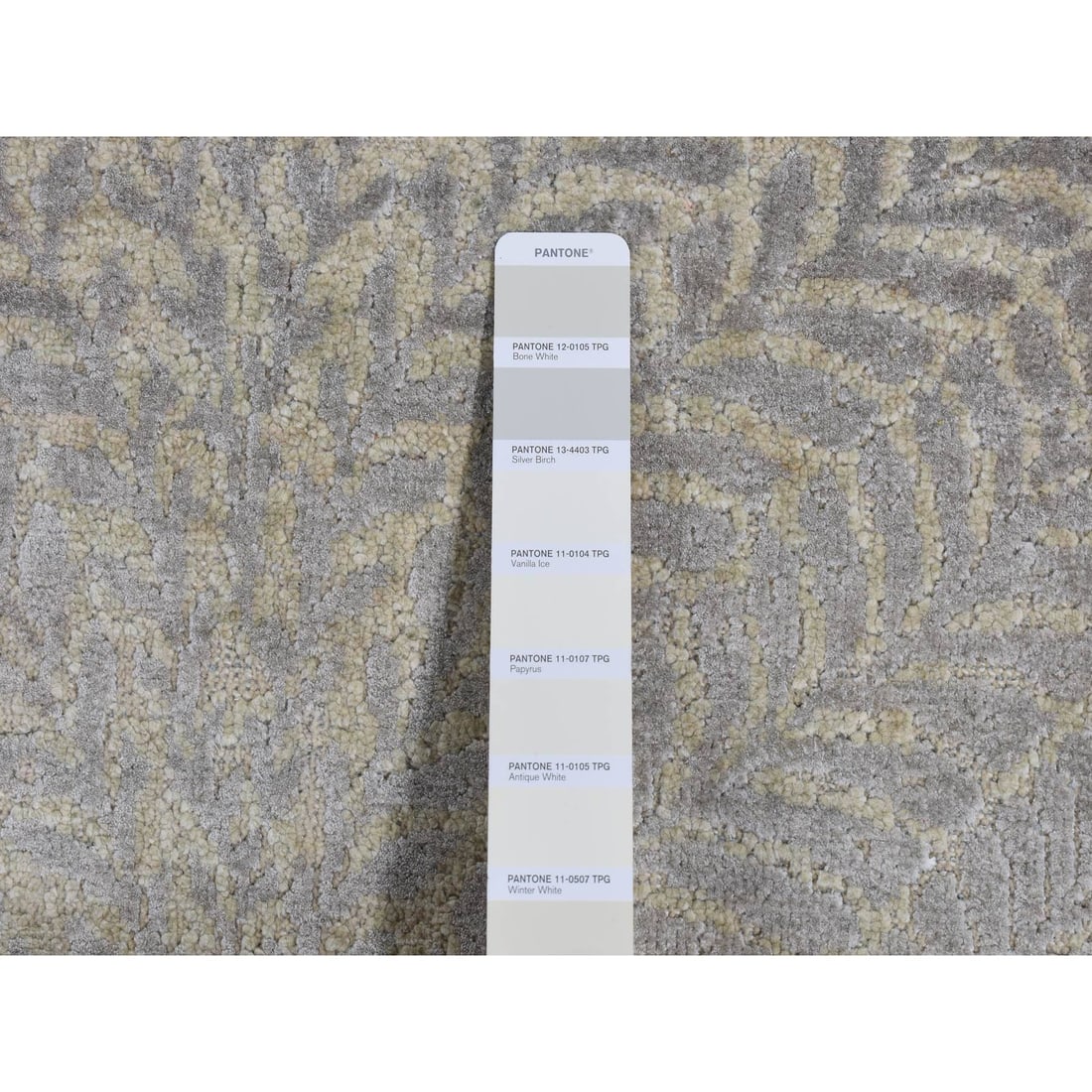 Silver Gray, Gold Leaf Design, Pure Silk, Hand Knotted, Rug - 7