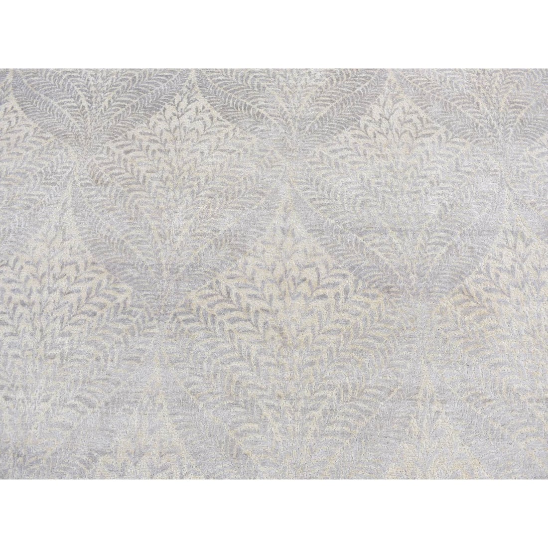 Silver Gray, Gold Leaf Design, Pure Silk, Hand Knotted, Rug - 8