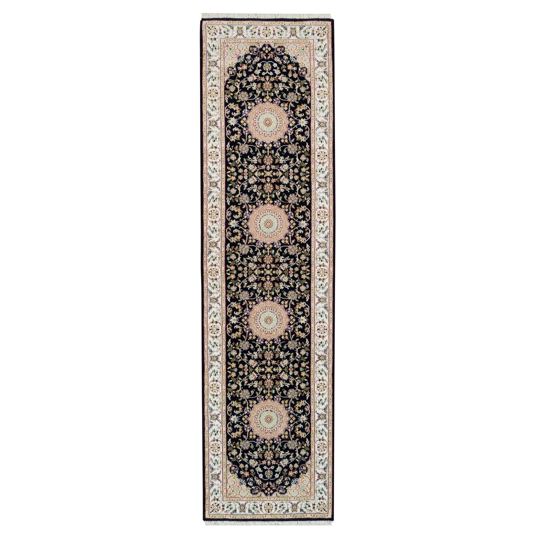 Blue, Nain Design, 250 KPSI, Soft Wool Hand Knotted Runner Rug: Title: Blue, Nain Design, 250 KPSI, Soft Wool Hand Knotted Runner Rug Description:This is a truly genuine one-of-a-kind. It has been Knotted for months and months in the centuries-old weaving
