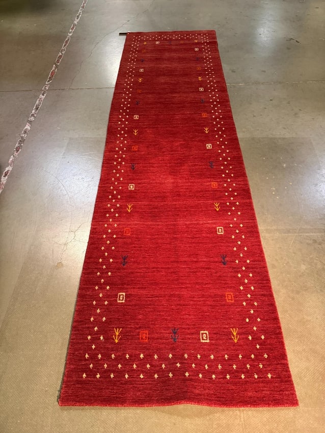 Magnificent Gabbeh Runner 2'.9"x10': Title:Magnificent Gabbeh Runner 2'.9"x10' Description:Decorative, Fine weave Gabbeh runner, 100% natural Veggie Dyes Wool pile , in red color , Hand Knotted in India, 2'.9"x10'.1" Reserve: $625.00 Shi