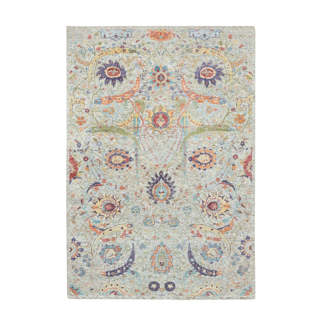 Tan Color, Silk with Wool, Hand Knotted, Sickle Leaf Design, Rug: Title: Tan Color, Silk with Wool, Hand Knotted, Sickle Leaf Design, Rug Description:This is a truly genuine one-of-a-kind. It has been Knotted for months and months in the centuries-old weaving