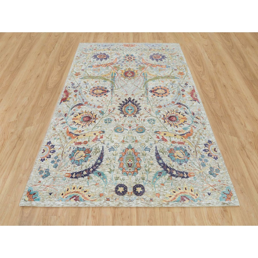 Tan Color, Silk with Wool, Hand Knotted, Sickle Leaf Design, Rug - 2