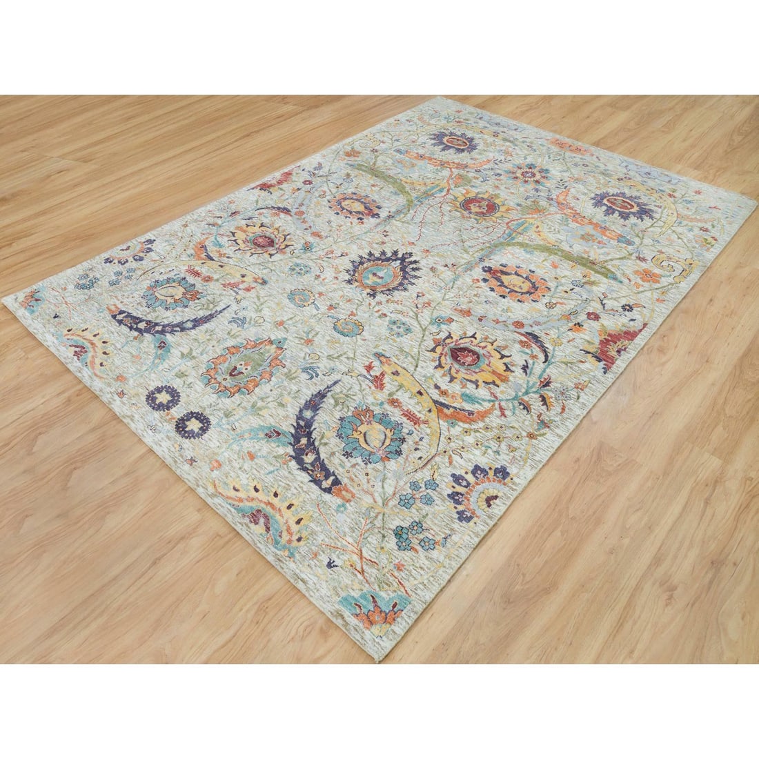 Tan Color, Silk with Wool, Hand Knotted, Sickle Leaf Design, Rug - 3