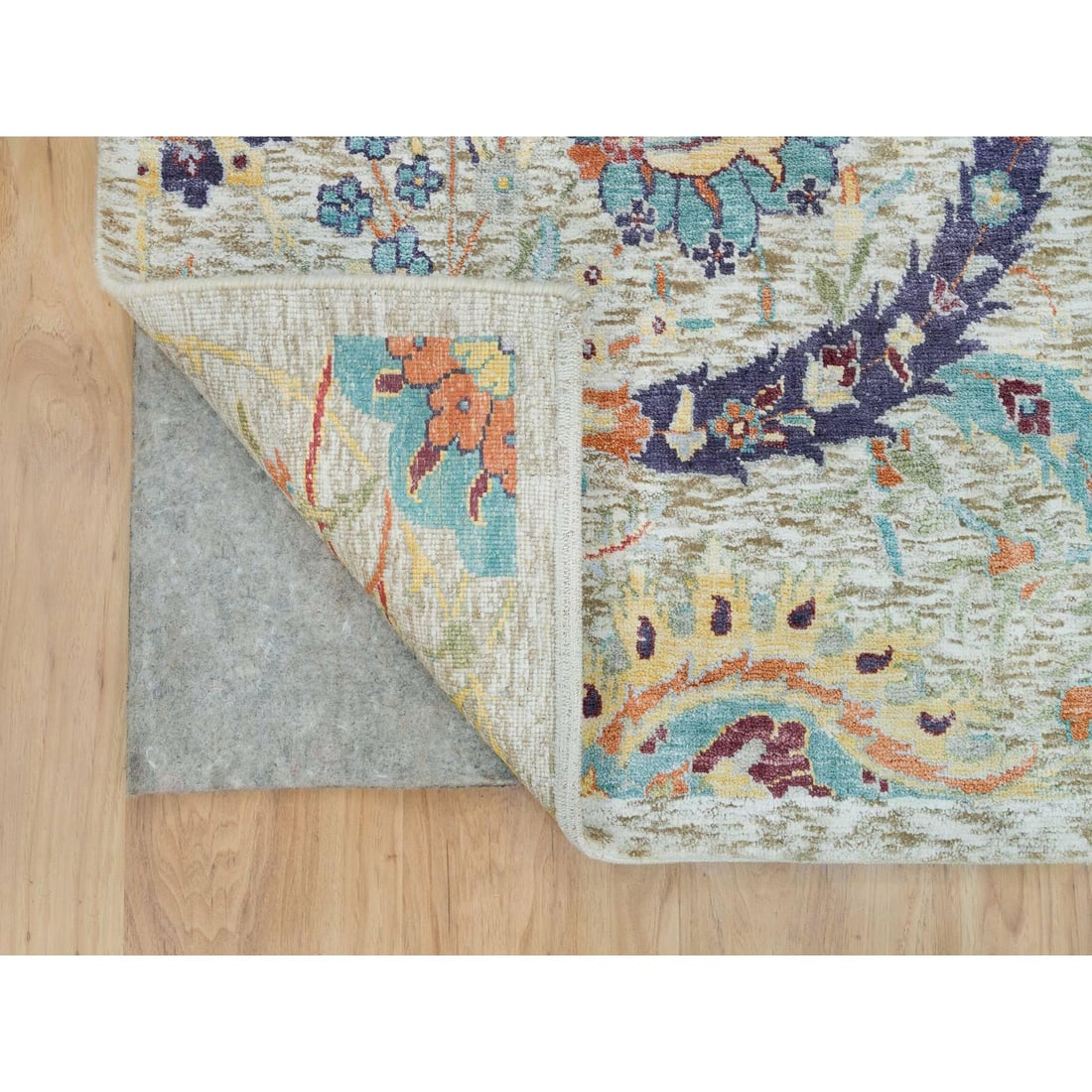 Tan Color, Silk with Wool, Hand Knotted, Sickle Leaf Design, Rug - 4