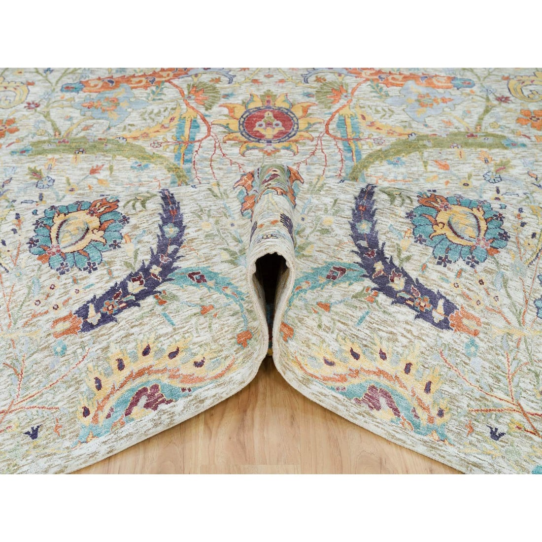 Tan Color, Silk with Wool, Hand Knotted, Sickle Leaf Design, Rug - 5