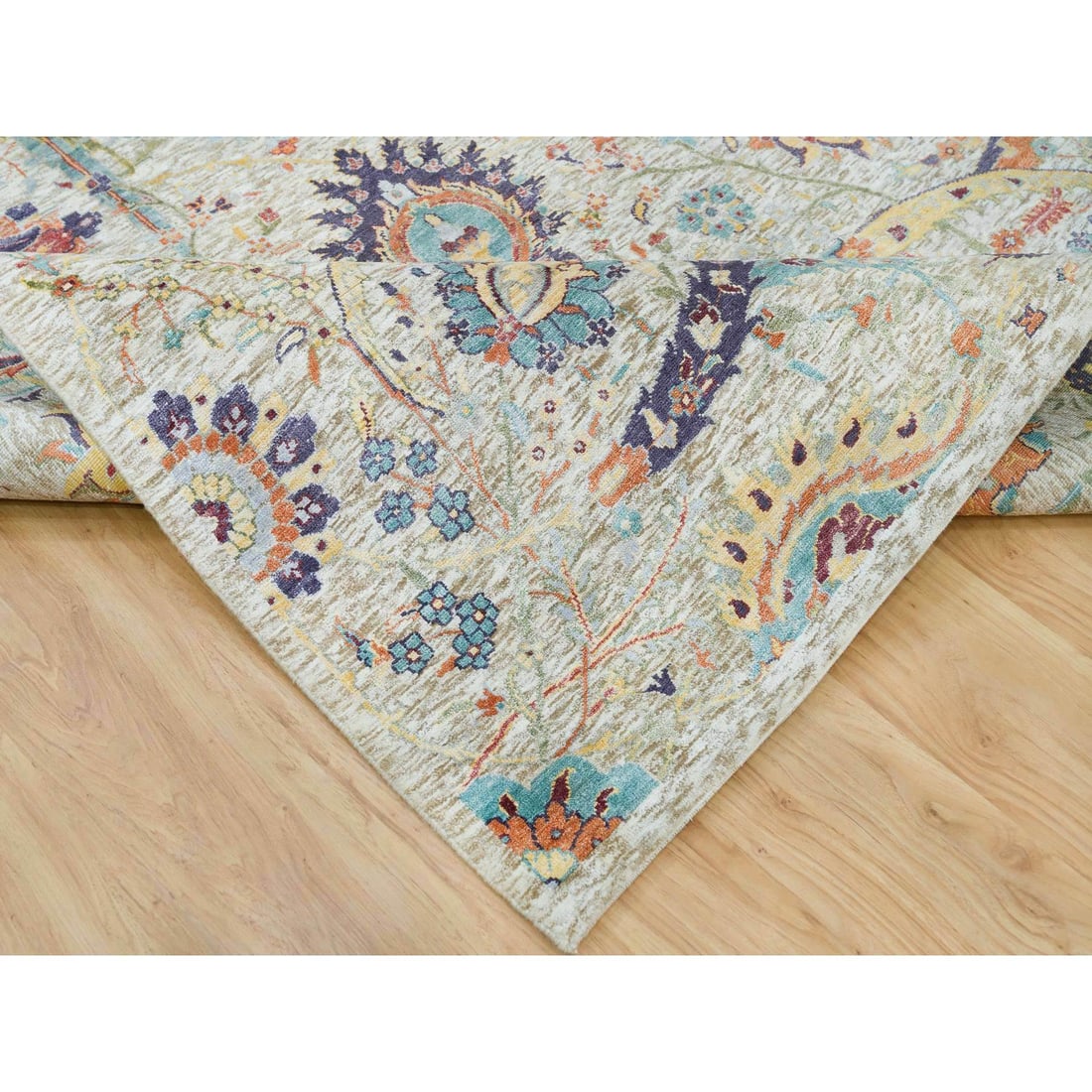 Tan Color, Silk with Wool, Hand Knotted, Sickle Leaf Design, Rug - 6