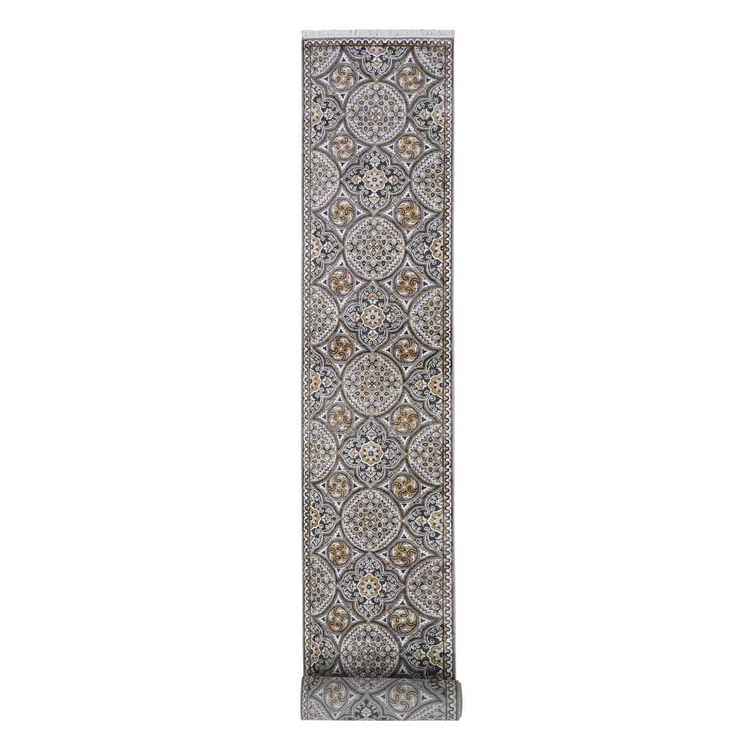 Textured Wool and Silk Mughal Inspired Medallions Design XL Runner Rug: Title: Textured Wool and Silk Mughal Inspired Medallions Design XL Runner Rug Description:This is a truly genuine one-of-a-kind. It has been Knotted for months and months in the centuries-old weaving