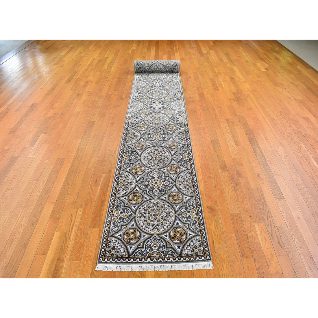 Textured Wool and Silk Mughal Inspired Medallions Design XL Runner Rug - 2