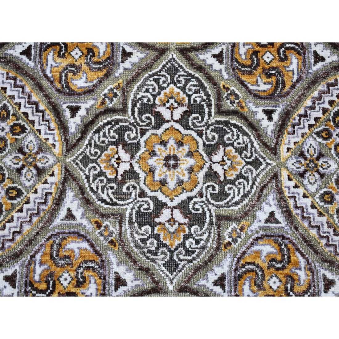 Textured Wool and Silk Mughal Inspired Medallions Design XL Runner Rug - 3