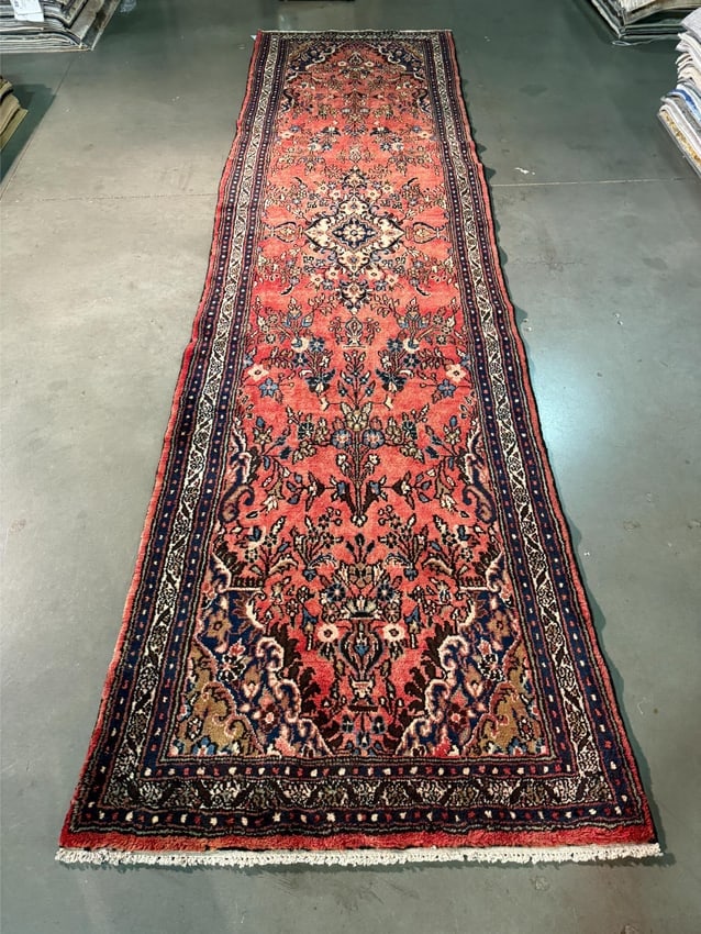 Stunning Persian Hamedan Rug 3.8x14.: Title:Stunning Persian Hamedan Rug 3.8x14. Description:3'.8"X 14'.0" eye catching Authentic Persian Hamedan , in muted rose red multi accent colors, Vege dye Hand Knotted in Iran 100% Natural wool
