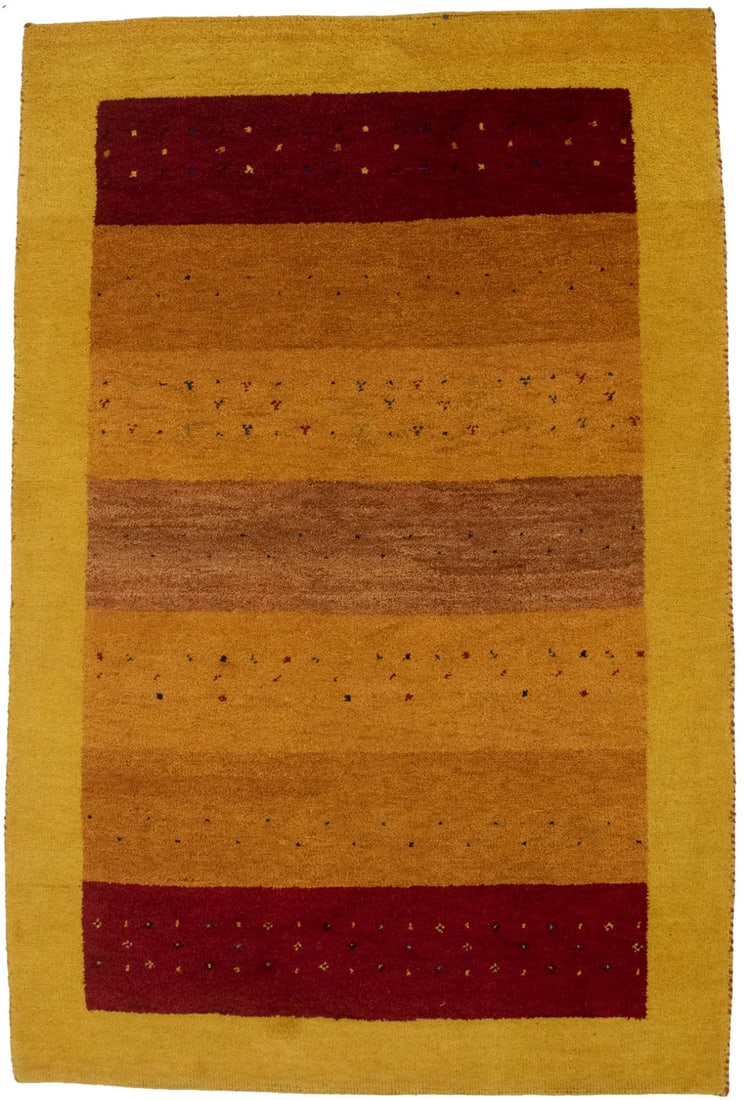 Golden Yellow Tribal 4X6 Indo-Gabbeh Oriental Rug: Title: Golden Yellow Tribal 4X6 Indo-Gabbeh Oriental Rug Description:Hand Knotted 4X6 oriental rug made with natural dyes (fine wool pile and cotton foundation), superior knot count, and alluring
