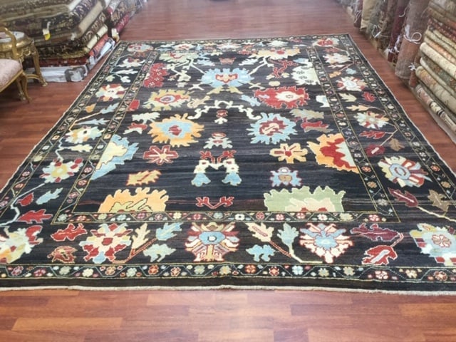 Decorative large pallmette Turkish Ushak Rug-4679: Title:Decorative large pallmette Turkish Ushak Rug-4679 Description:Beautiful Antique Production Turkish Ushak rug with all over palmetto design on black field, west of Turkey,size 9 ft. 5 inches by