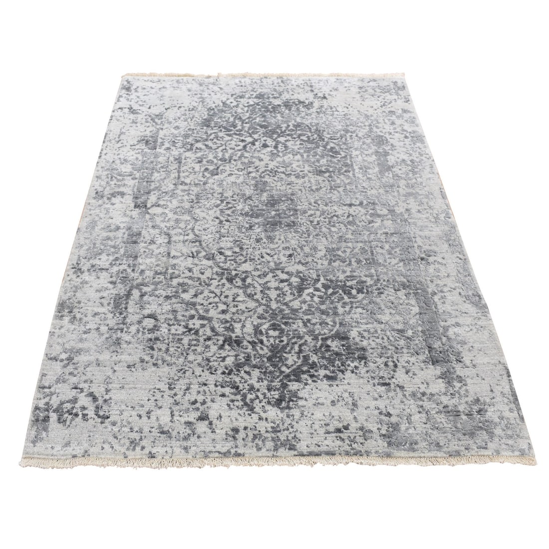 Carbon Gray Persian Design Wool and Silk Hand Knotted Oriental Rug: Title: Carbon Gray Persian Design Wool and Silk Hand Knotted Oriental Rug Description:This is a truly genuine one-of-a-kind. It has been Knotted for months and months in the centuries-old weaving