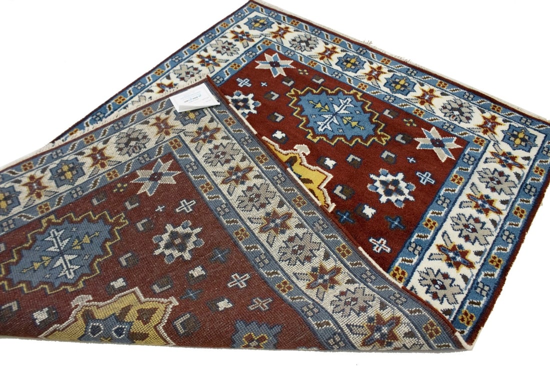 Wine Red Geometric 5X8 Kazak Oriental Rug - 12