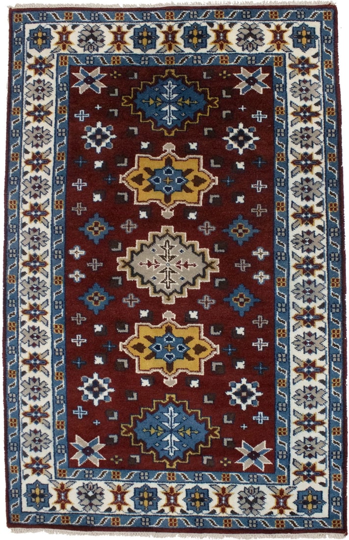 Wine Red Geometric 5X8 Kazak Oriental Rug: Title: Wine Red Geometric 5X8 Kazak Oriental Rug Description:Hand Knotted 5X8 wine red oriental rug made with vegetable dyes (fine wool pile and cotton foundation), superior knot count, and appealing 