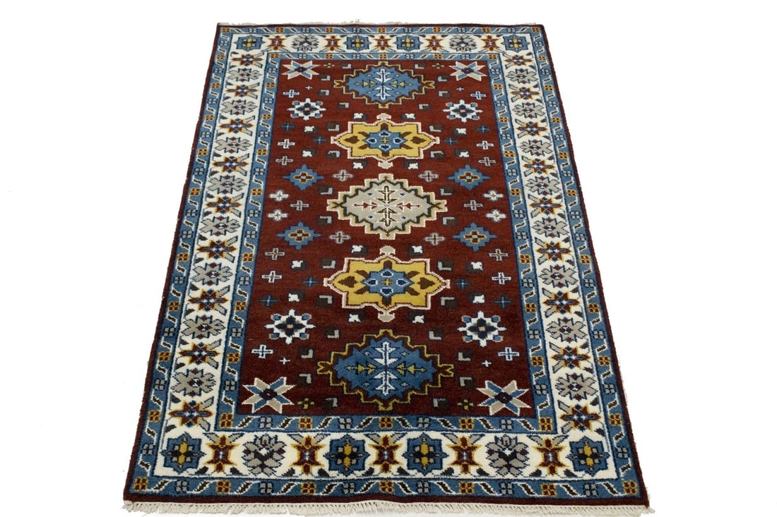 Wine Red Geometric 5X8 Kazak Oriental Rug - 3