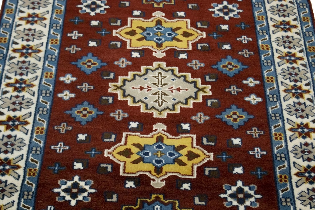 Wine Red Geometric 5X8 Kazak Oriental Rug - 4