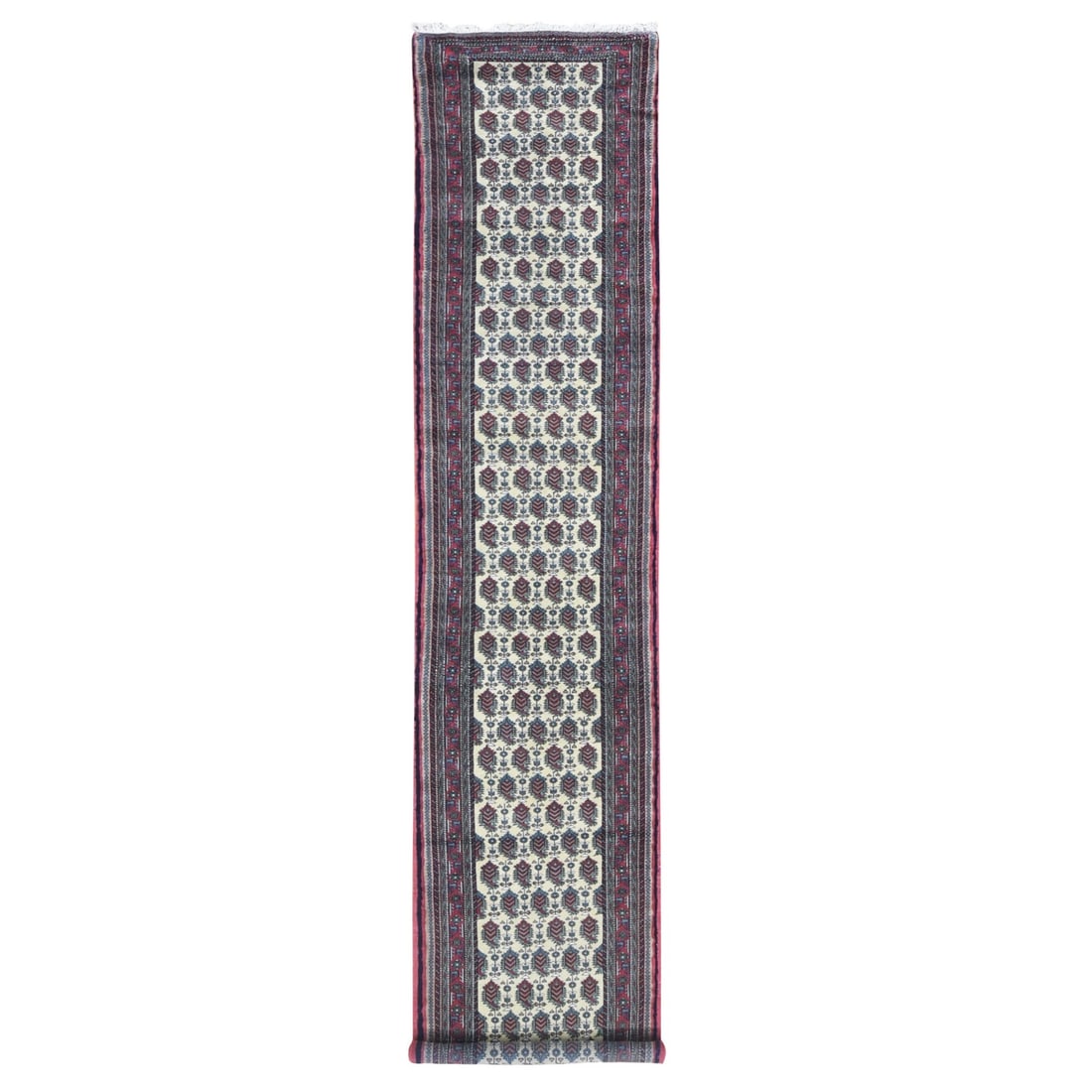 Ivory, Tribal Northwest Persian, Pure Wool Hand Knotted Runner Rug: Title: Ivory, Tribal Northwest Persian, Pure Wool Hand Knotted Runner Rug Description:This is a truly genuine one-of-a-kind. It has been Knotted for months and months in the centuries-old weaving craf
