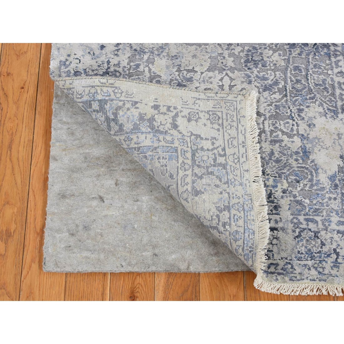 Battleship Gray, Broken and Erased Pure Silk Hand Knotted Runner Rug - 2