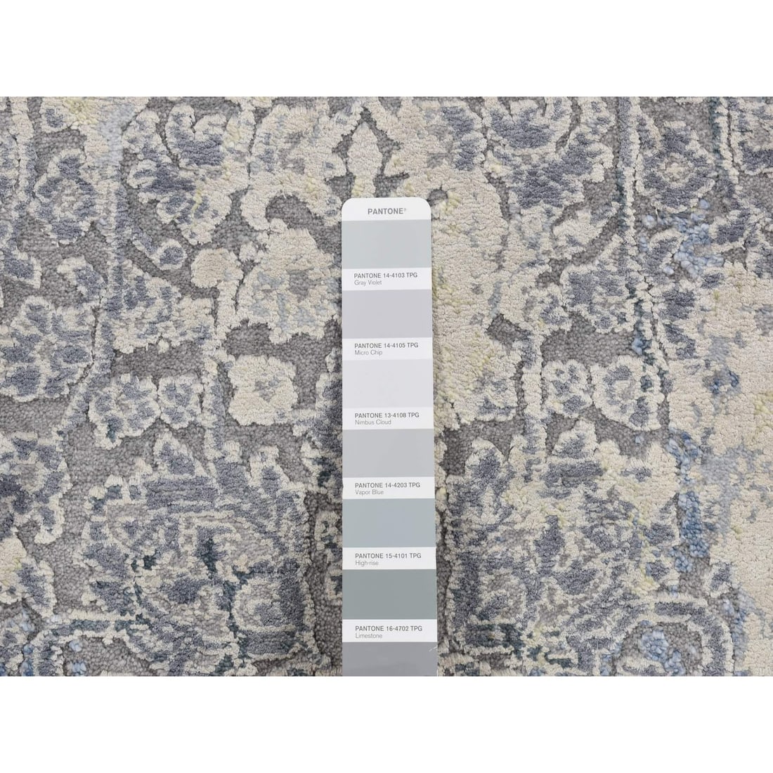 Battleship Gray, Broken and Erased Pure Silk Hand Knotted Runner Rug - 3
