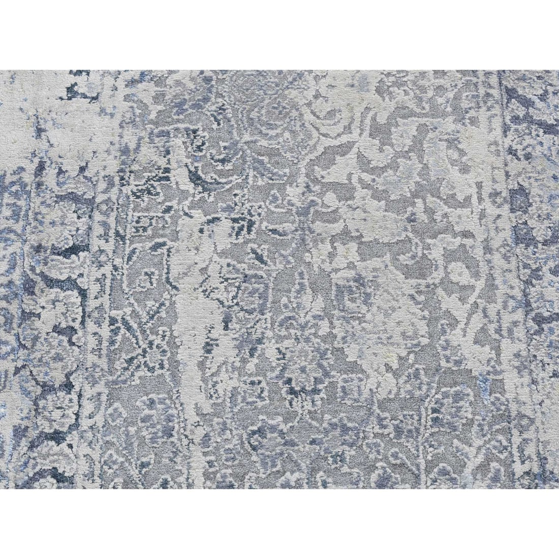 Battleship Gray, Broken and Erased Pure Silk Hand Knotted Runner Rug - 4